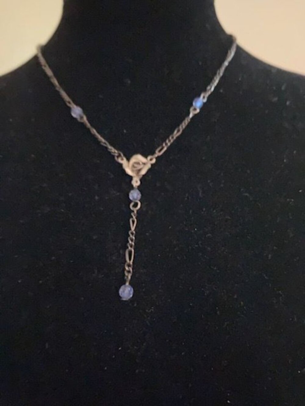 Blue Beads with Silver Rose on Black Chain Necklace
